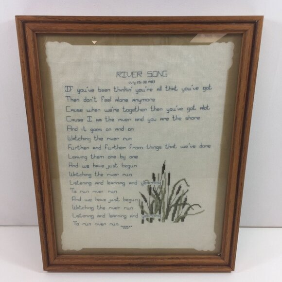 Vintage Handmade Cross Stitch River Song July 25-30 1983 Poem Wood Frame 12"x15" - Picture 1 of 8